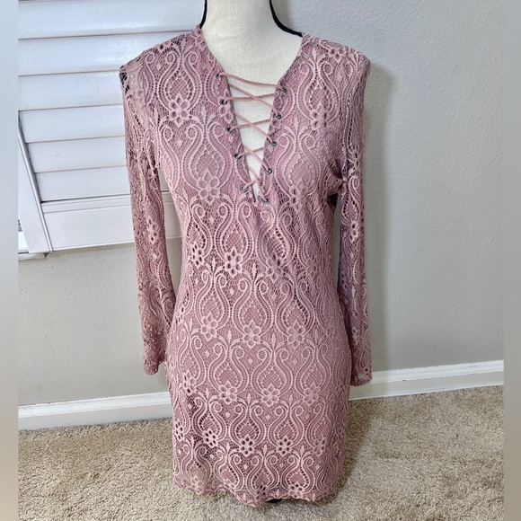 Womens Long Bell Sleeve Dress size M Pink Lace Up Fairy Cottage Coquette Midi - Picture 6 of 9